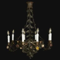 20th Century Italian Art Nouveau Chandelier Floral Foliate Dark Iron Basket -Promos Meubles Boutique lampadario floreale in ferro battuto e master