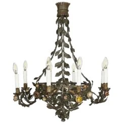 20th Century Italian Art Nouveau Chandelier Floral Foliate Dark Iron Basket -Promos Meubles Boutique lampadario floreale in ferro battuto master