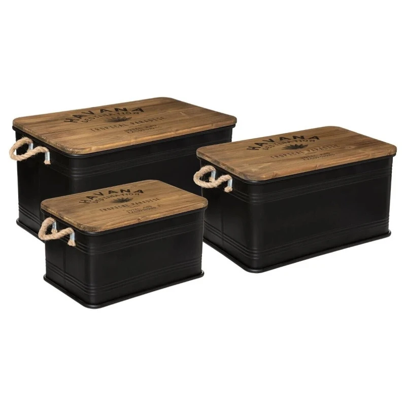 Lot De 3 Malles Métal Noir Plateau Bois Atmosphera 3 Lot De 3 Malles Métal Noir Plateau Bois Atmosphera