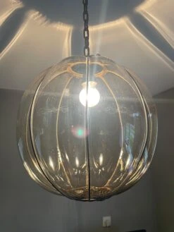 Rare Midcentury Venetian Mouth Blown Glass In Iron Frame Pendant / Chandelier -Promos Meubles Boutique mursmoke10 1682840138509 master