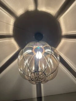 Rare Midcentury Venetian Mouth Blown Glass In Iron Frame Pendant / Chandelier -Promos Meubles Boutique mursmoke11 master