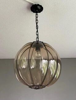 Rare Midcentury Venetian Mouth Blown Glass In Iron Frame Pendant / Chandelier -Promos Meubles Boutique mursmoke14 master