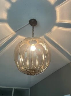 Rare Midcentury Venetian Mouth Blown Glass In Iron Frame Pendant / Chandelier -Promos Meubles Boutique mursmoke15 master