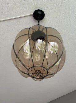 Rare Midcentury Venetian Mouth Blown Glass In Iron Frame Pendant / Chandelier -Promos Meubles Boutique mursmoke16 master