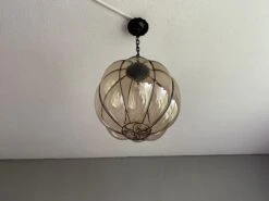 Rare Midcentury Venetian Mouth Blown Glass In Iron Frame Pendant / Chandelier -Promos Meubles Boutique mursmoke6 master