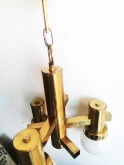 Midcentury Pendant Chandelier, Brass Opaline Glass Sciolari Style, Italy, 1960s -Promos Meubles Boutique sciolari 4 master