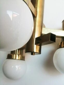 Midcentury Pendant Chandelier, Brass Opaline Glass Sciolari Style, Italy, 1960s -Promos Meubles Boutique sciolari master