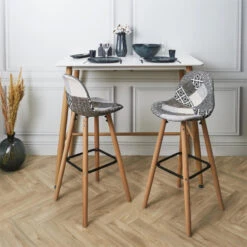 Tabouret De Bar Patchwork Gris Pieds Bois -Promos Meubles Boutique tabouret de bar patchwork gris pieds bois 4